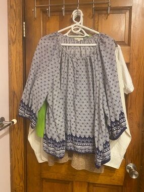 Boho Printed Peasant Top - Blue/White